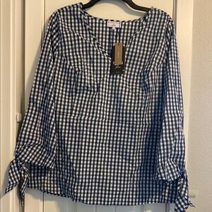 J. Crew Blue and White Relaxed Tie Front Blouse